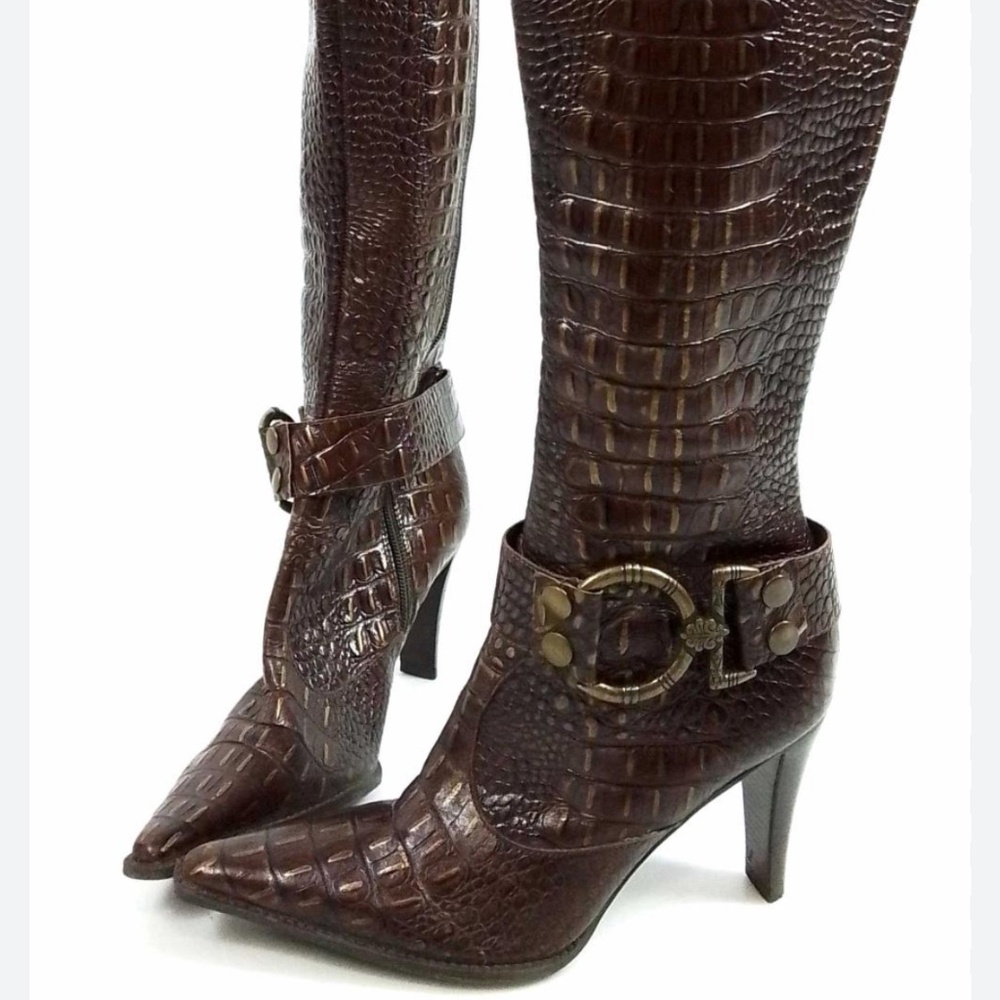 Gianni Bini Brown Leather Crocodile Boots